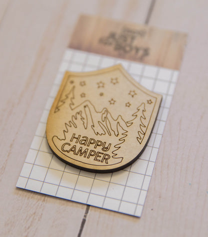 Happy Camper Badge Wood Embellishment